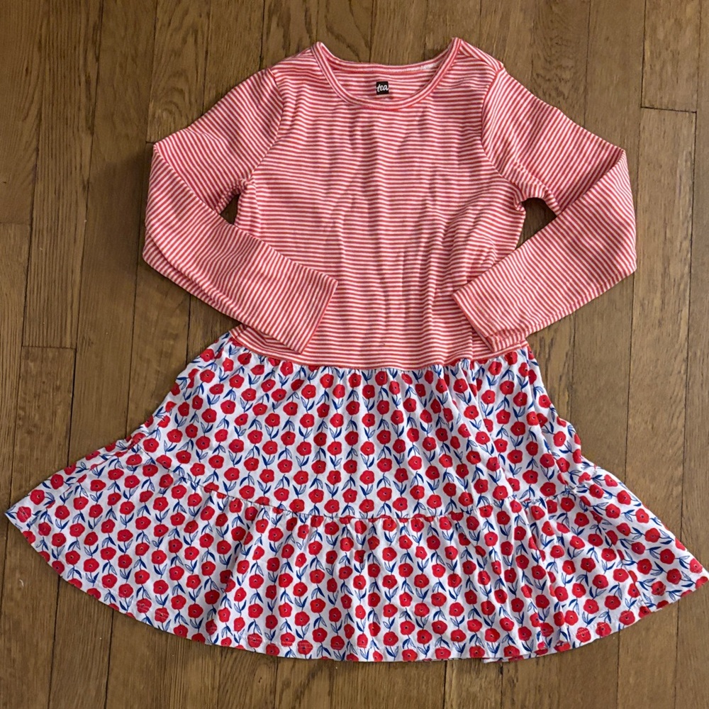 Tea Collection Pink Striped Dress with Red and Blue Hearts